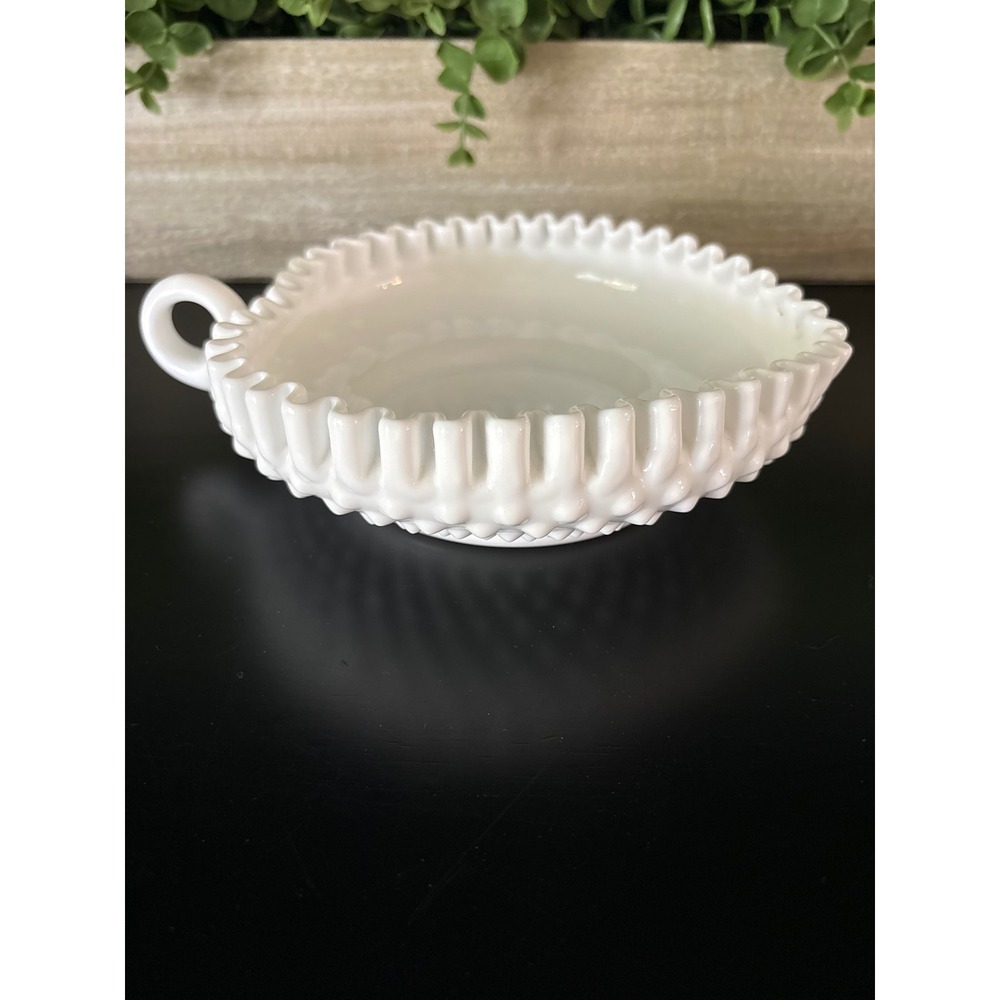 Fenton Milk Glass Hobnail Bon Bon Dish Ruffled Edge Single Handle Nappy White